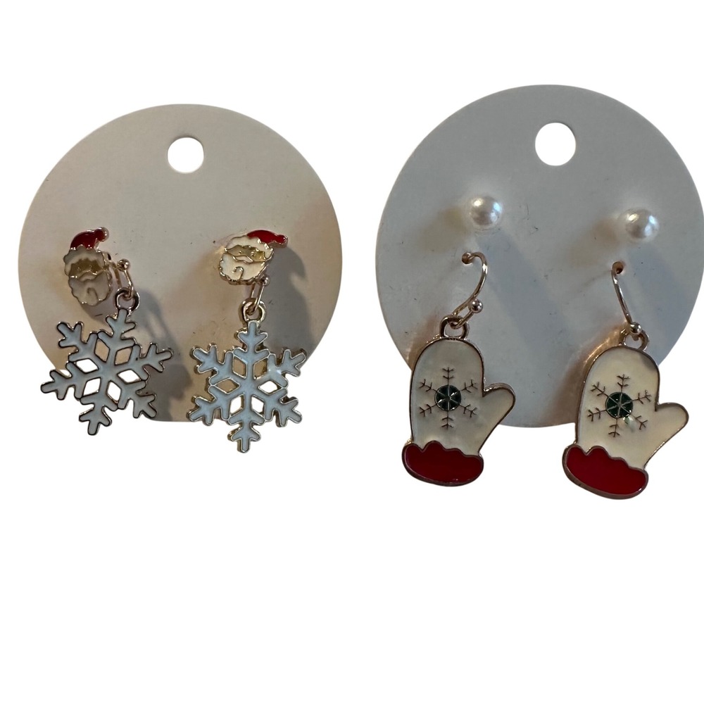 Christmas Santa Snowflakes Mittten Pearl Earrings Set Festive Holiday Jewelry